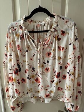 Women's Floral Tie-Neck Blouse in White with Pink & Yellow Print